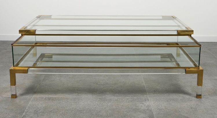 Maison JANSEN, Large Lucite, Brass And Glass Display Table 130x70x40cm