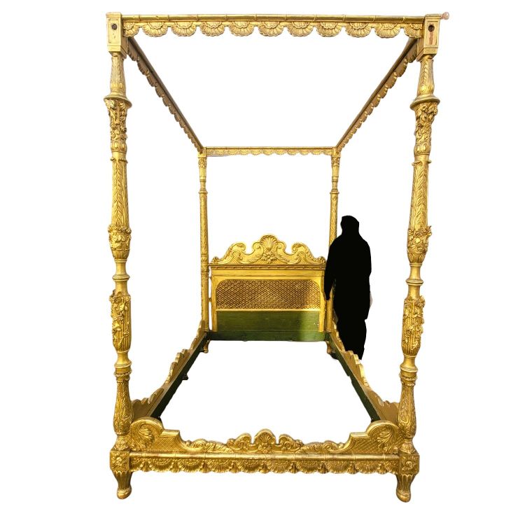 Grande letto Baldaquin in legno dorato, fine XIX secolo