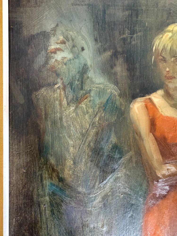 Dipinto olio su tela Mazzonis Ottavio, Torino, anni '70, 44x21cm. Figure femminile e maschile. 
