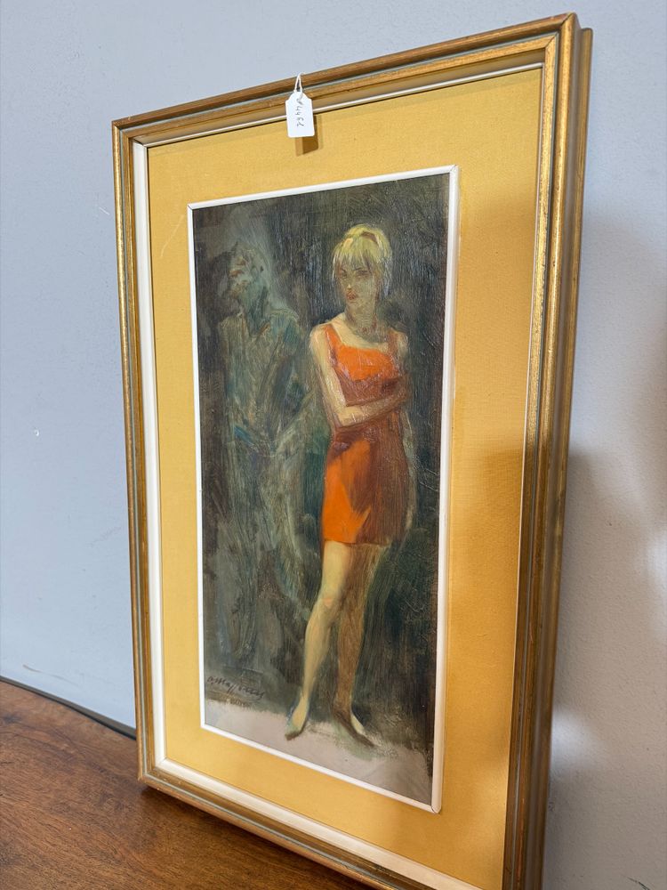 Dipinto olio su tela Mazzonis Ottavio, Torino, anni '70, 44x21cm. Figure femminile e maschile. 