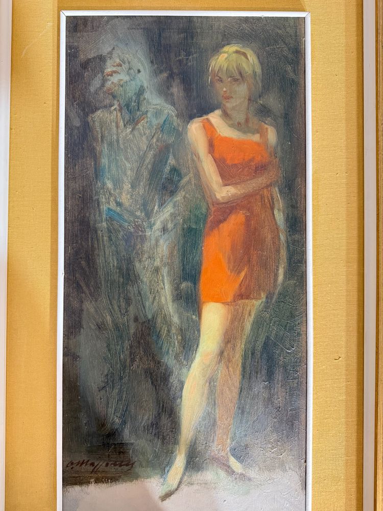 Dipinto olio su tela Mazzonis Ottavio, Torino, anni '70, 44x21cm. Figure femminile e maschile. 