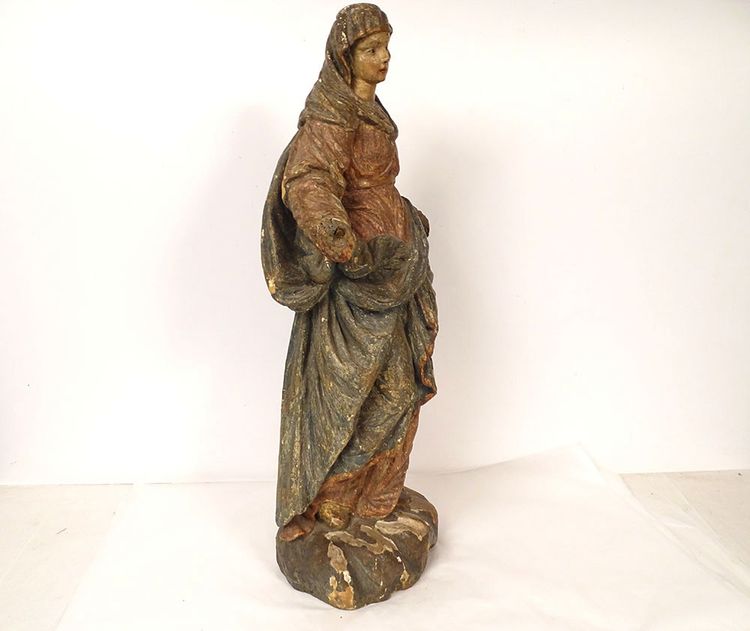Scultura Statua in legno di tiglio policromo Santa Vergine Fiandre fiamminghe XIX secolo