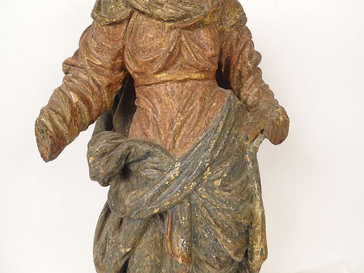 Scultura Statua in legno di tiglio policromo Santa Vergine Fiandre fiamminghe XIX secolo
