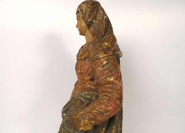 Scultura Statua in legno di tiglio policromo Santa Vergine Fiandre fiamminghe XIX secolo