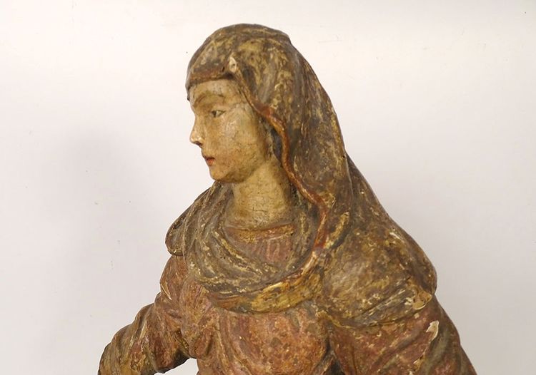 Scultura Statua in legno di tiglio policromo Santa Vergine Fiandre fiamminghe XIX secolo