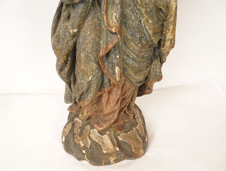 Scultura Statua in legno di tiglio policromo Santa Vergine Fiandre fiamminghe XIX secolo