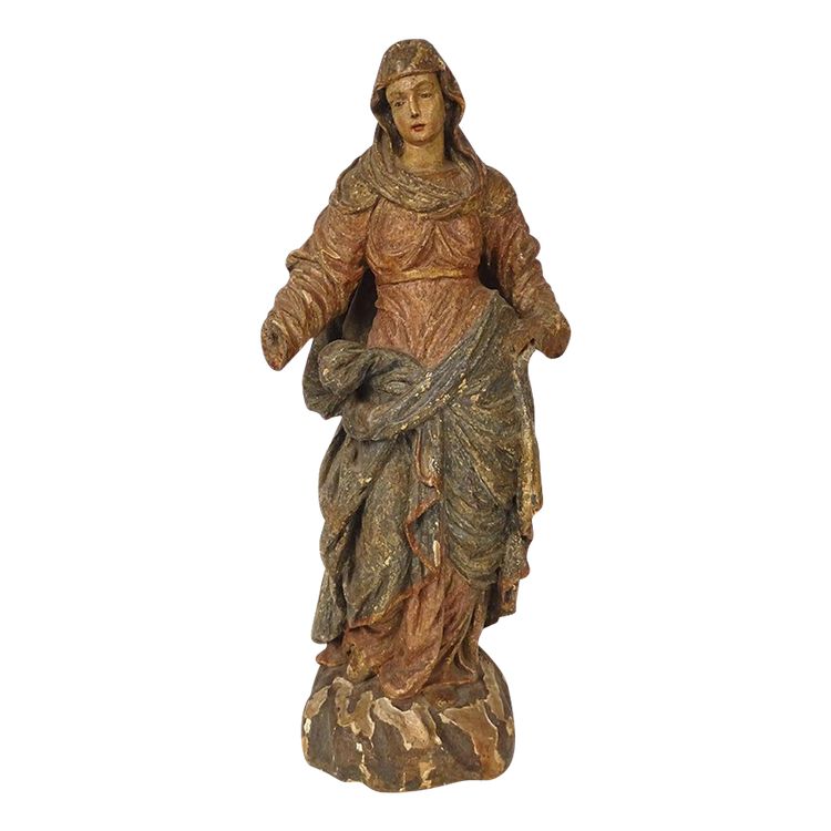 Scultura Statua in legno di tiglio policromo Santa Vergine Fiandre fiamminghe XIX secolo