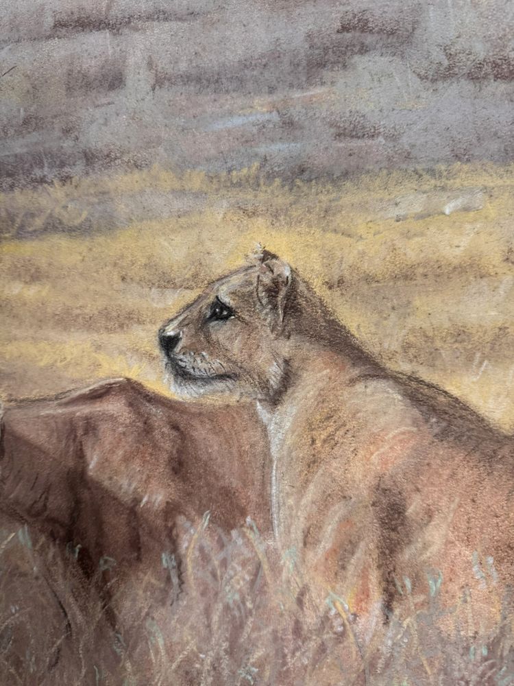 Les Lionnes : école Française XXème siècle pastel signé