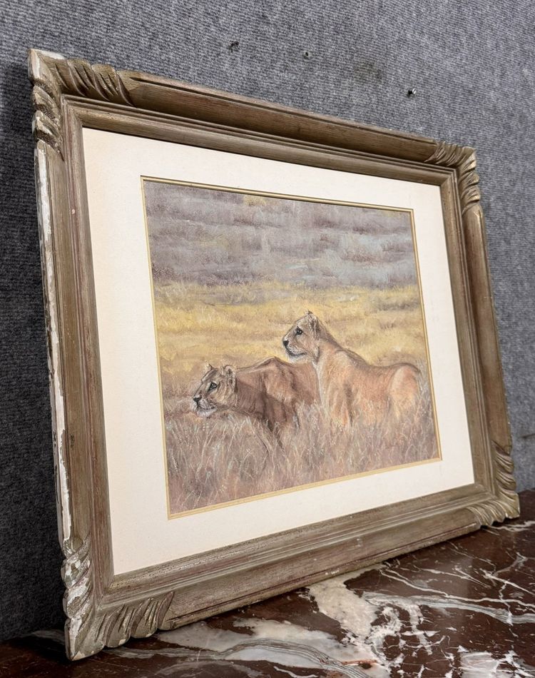 Les Lionnes : école Française XXème siècle pastel signé
