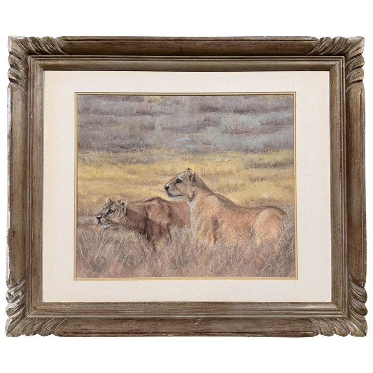 Les Lionnes : école Française XXème siècle pastel signé
