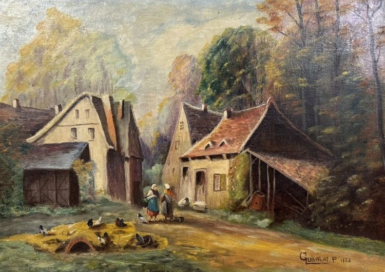 P. Guivalot: Gemälde Öl auf Leinwand belebte ländliche Landschaft signiert und datiert 1956