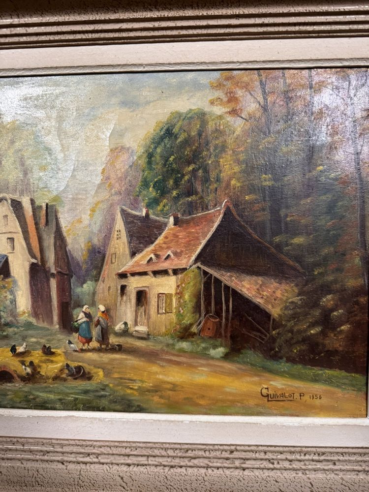 P. Guivalot: Gemälde Öl auf Leinwand belebte ländliche Landschaft signiert und datiert 1956
