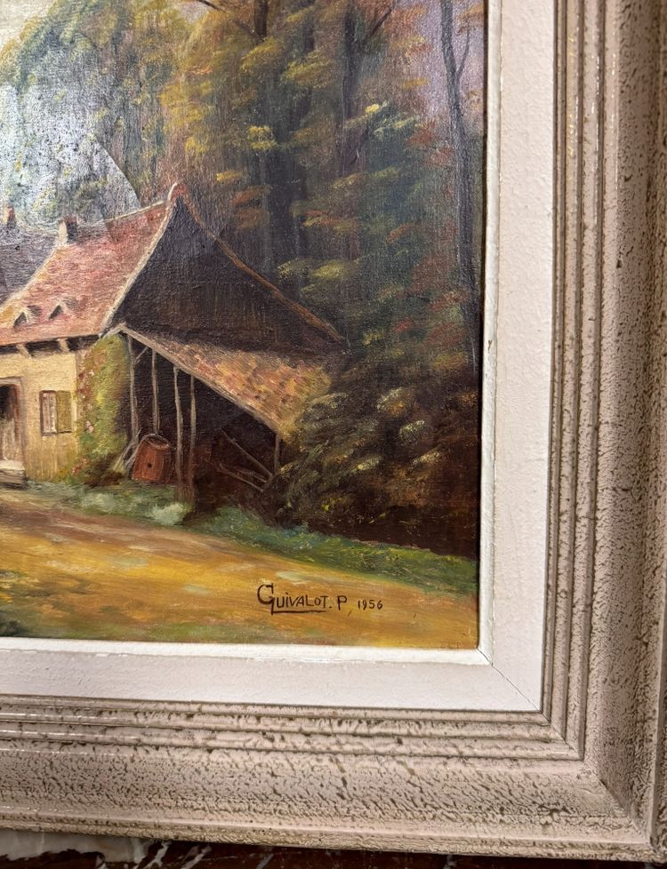 P. Guivalot: Gemälde Öl auf Leinwand belebte ländliche Landschaft signiert und datiert 1956