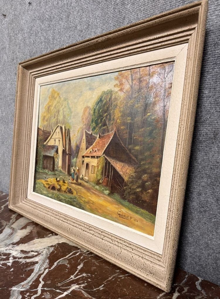 P. Guivalot: Gemälde Öl auf Leinwand belebte ländliche Landschaft signiert und datiert 1956