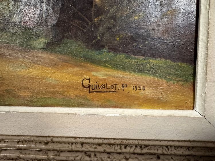 P. Guivalot: Gemälde Öl auf Leinwand belebte ländliche Landschaft signiert und datiert 1956