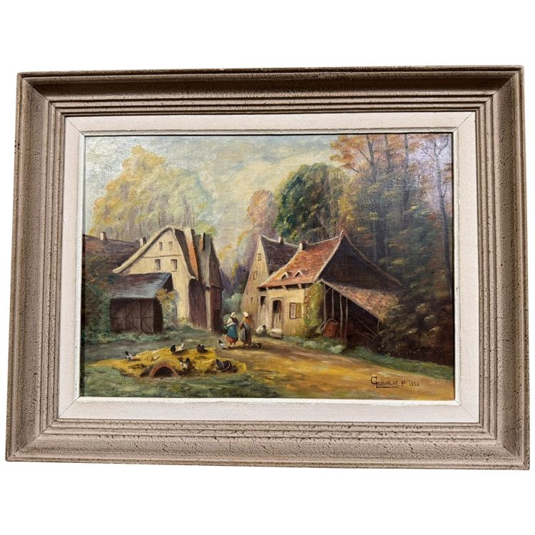 P. Guivalot: Gemälde Öl auf Leinwand belebte ländliche Landschaft signiert und datiert 1956