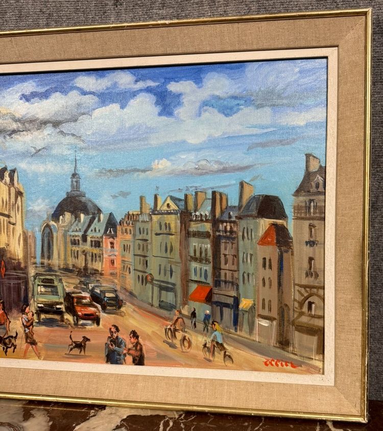 OLLIER : Oil on canvas marouflaged on panel , Animated view of Paris end of XXth century