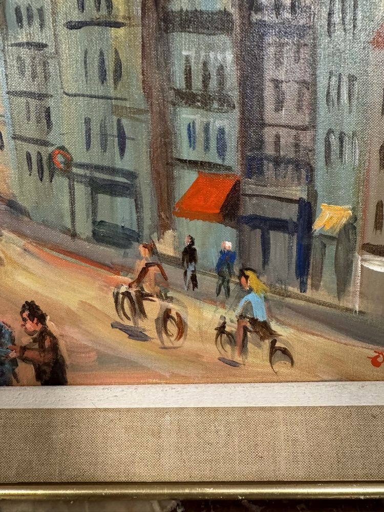 OLLIER : Oil on canvas marouflaged on panel , Animated view of Paris end of XXth century