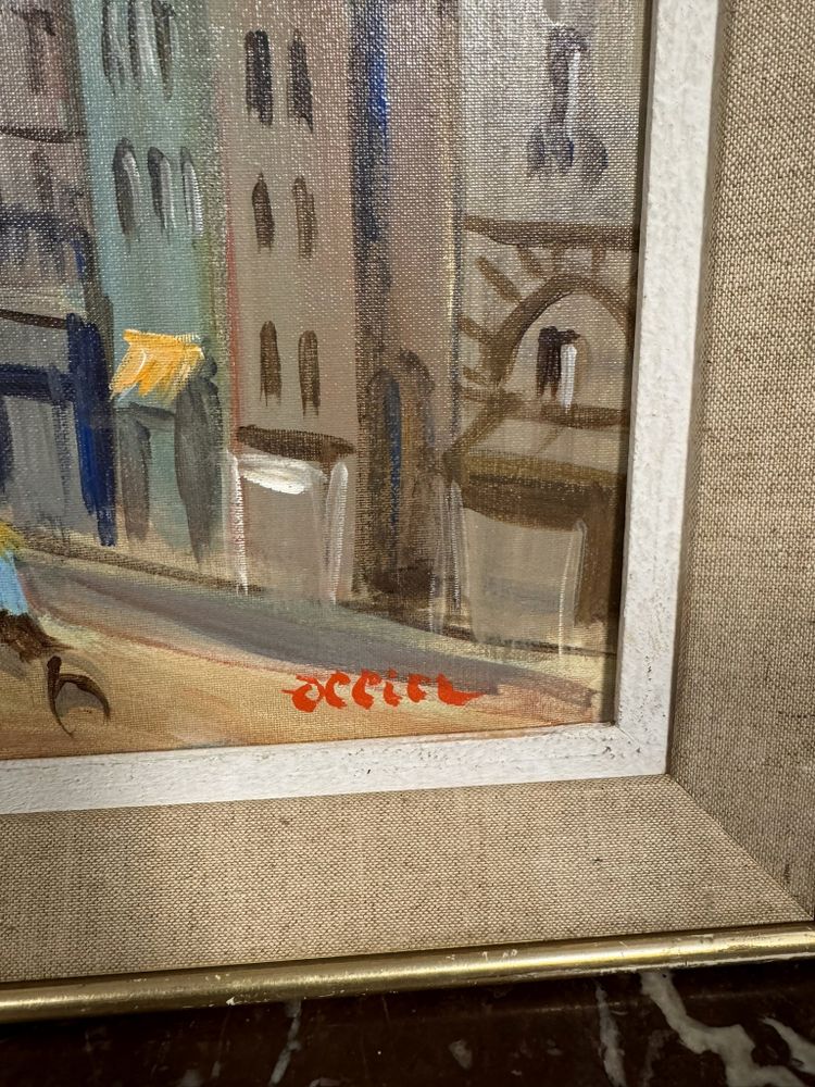 OLLIER : Oil on canvas marouflaged on panel , Animated view of Paris end of XXth century