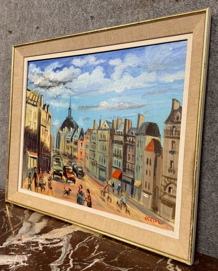 OLLIER : Oil on canvas marouflaged on panel , Animated view of Paris end of XXth century
