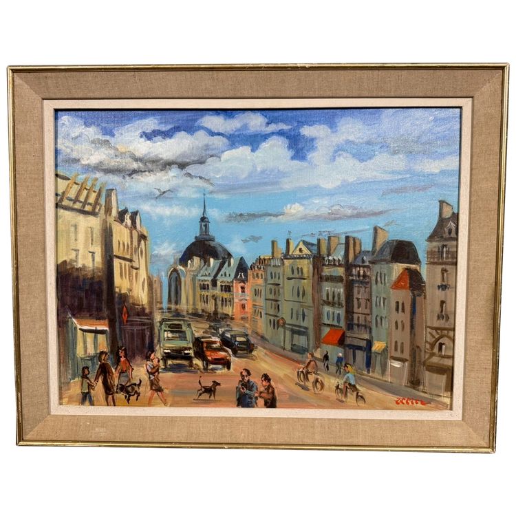 OLLIER : Oil on canvas marouflaged on panel , Animated view of Paris end of XXth century