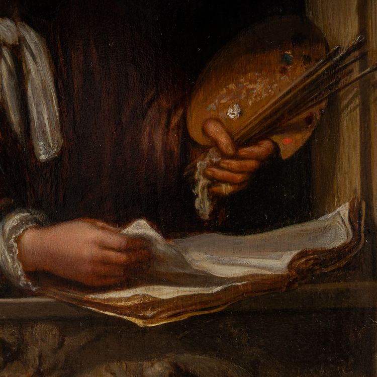 Portrait of a Painter in an Alcove, in the Style of Willem Van Mieris, Oil on Wood circa 1800