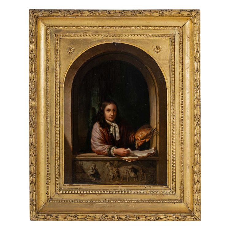 Portrait of a Painter in an Alcove, in the Style of Willem Van Mieris, Oil on Wood circa 1800