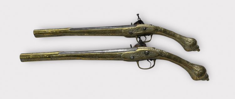 Paar "Kubur" Pistolen - Osmanische Balkan Türkische Kaiserreich Bronze Ziseliert 1830" Feuersteinpistole