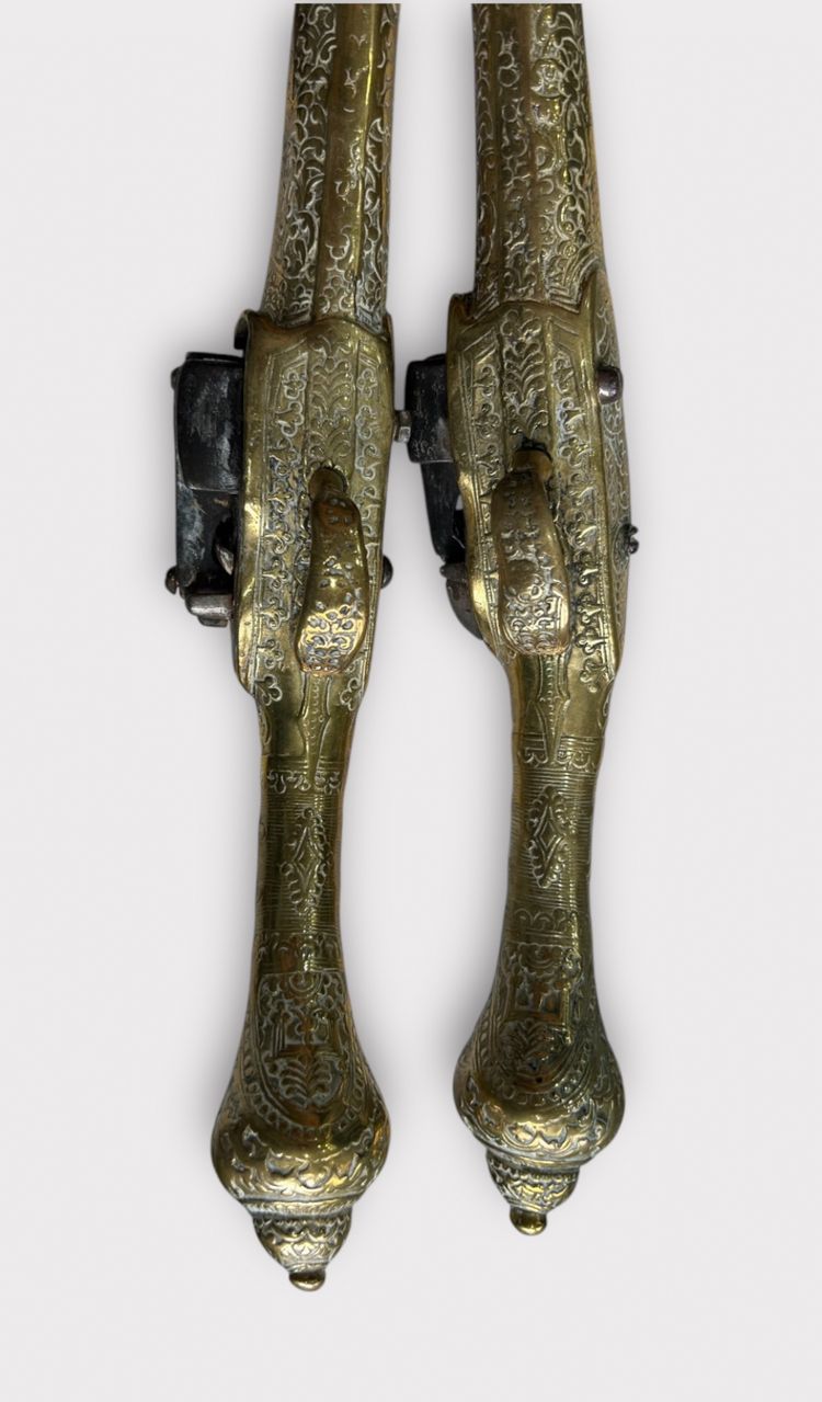 Paar "Kubur" Pistolen - Osmanische Balkan Türkische Kaiserreich Bronze Ziseliert 1830" Feuersteinpistole