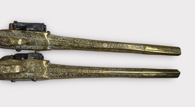Paar "Kubur" Pistolen - Osmanische Balkan Türkische Kaiserreich Bronze Ziseliert 1830" Feuersteinpistole