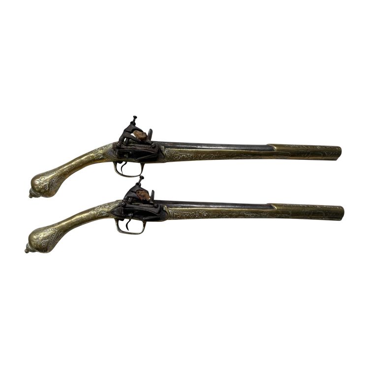 Paar "Kubur" Pistolen - Osmanische Balkan Türkische Kaiserreich Bronze Ziseliert 1830" Feuersteinpistole