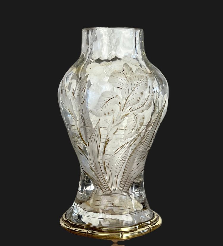 "EDOUARD ENOT" CAMEO-CUT CRYSTAL VASE DECORATED WITH A BRONZE-MOUNTED IRIS