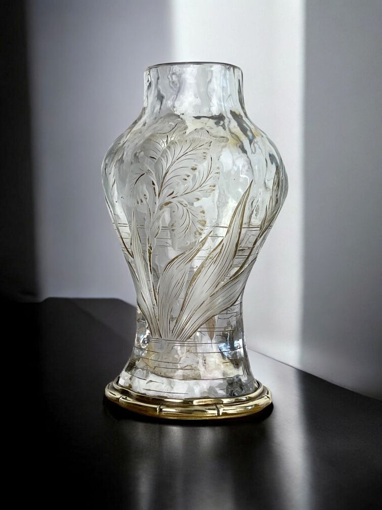 "EDOUARD ENOT" CAMEO-CUT CRYSTAL VASE DECORATED WITH A BRONZE-MOUNTED IRIS