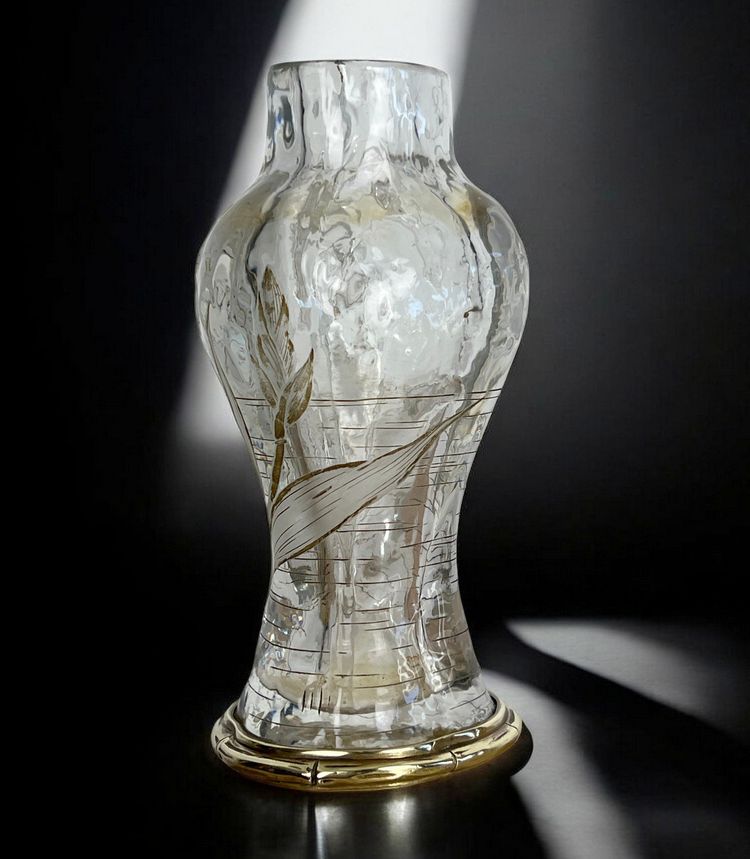 "EDOUARD ENOT" CAMEO-CUT CRYSTAL VASE DECORATED WITH A BRONZE-MOUNTED IRIS
