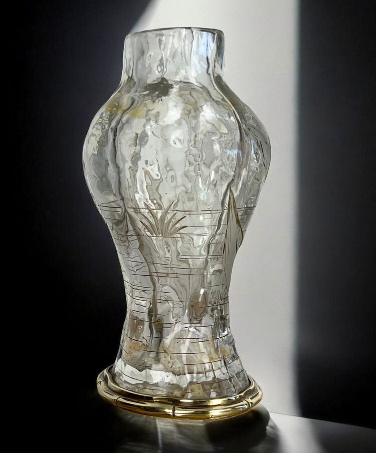 "EDOUARD ENOT" CAMEO-CUT CRYSTAL VASE DECORATED WITH A BRONZE-MOUNTED IRIS