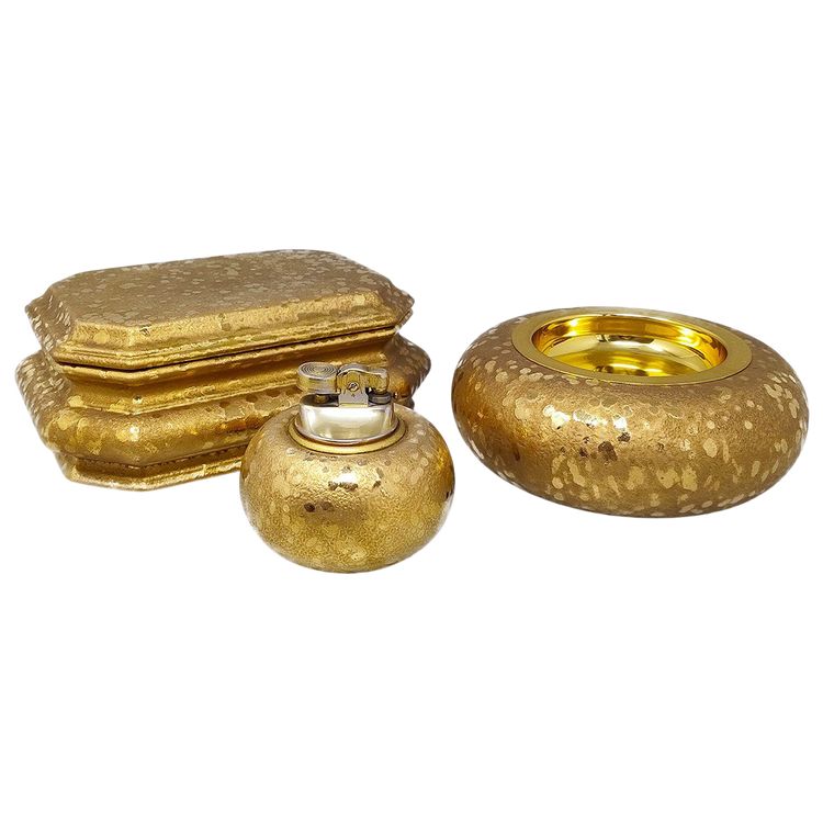 1970s Exquisited Handcrafted Smoking Set in Ceramic and Gold Leaf. Made in italy
