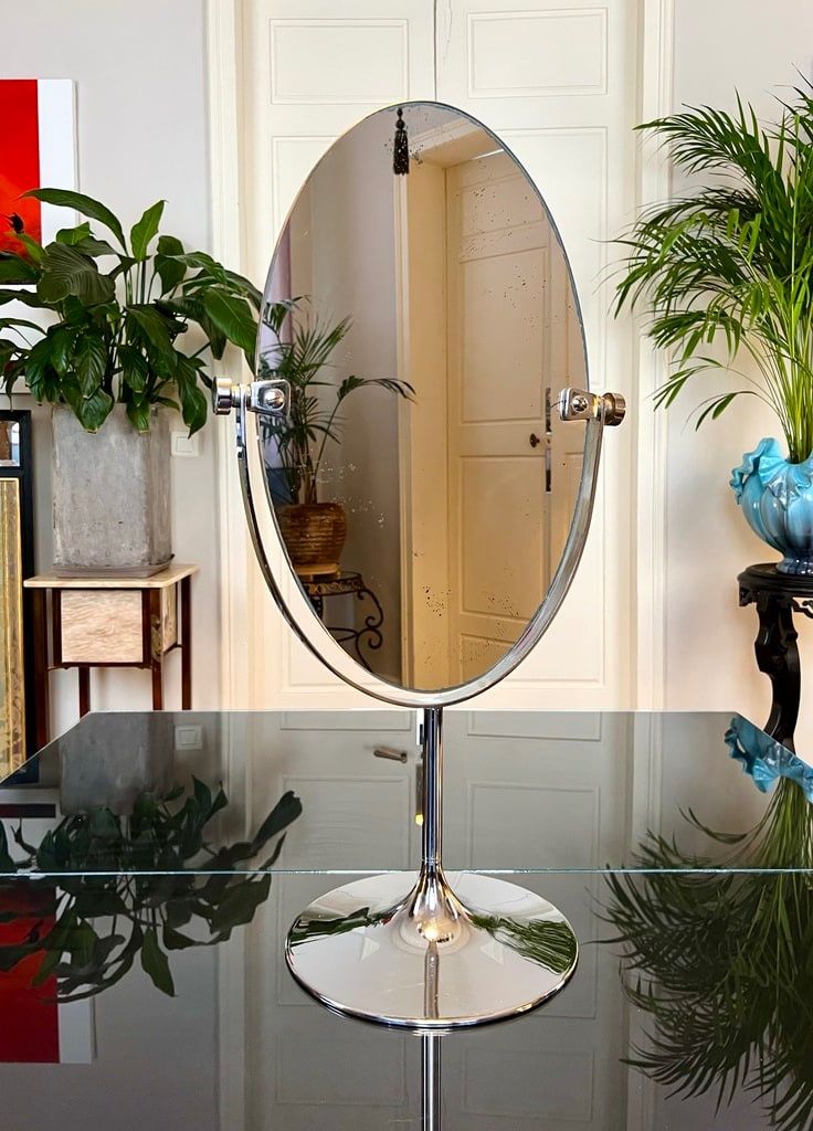 Miroir De Table Double Face - Pied Tulipe En Métal Chromé - Graeter Vitra - Vintage