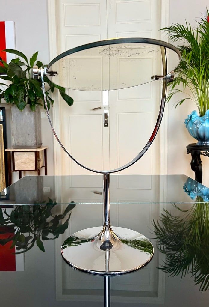 Miroir De Table Double Face - Pied Tulipe En Métal Chromé - Graeter Vitra - Vintage