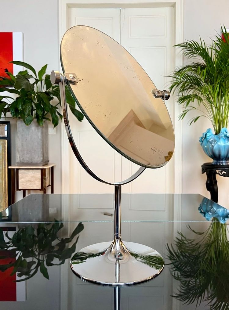 Miroir De Table Double Face - Pied Tulipe En Métal Chromé - Graeter Vitra - Vintage