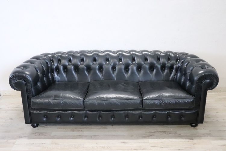 Set De Canapé Et Fauteuil En Cuir Noir, 1980s