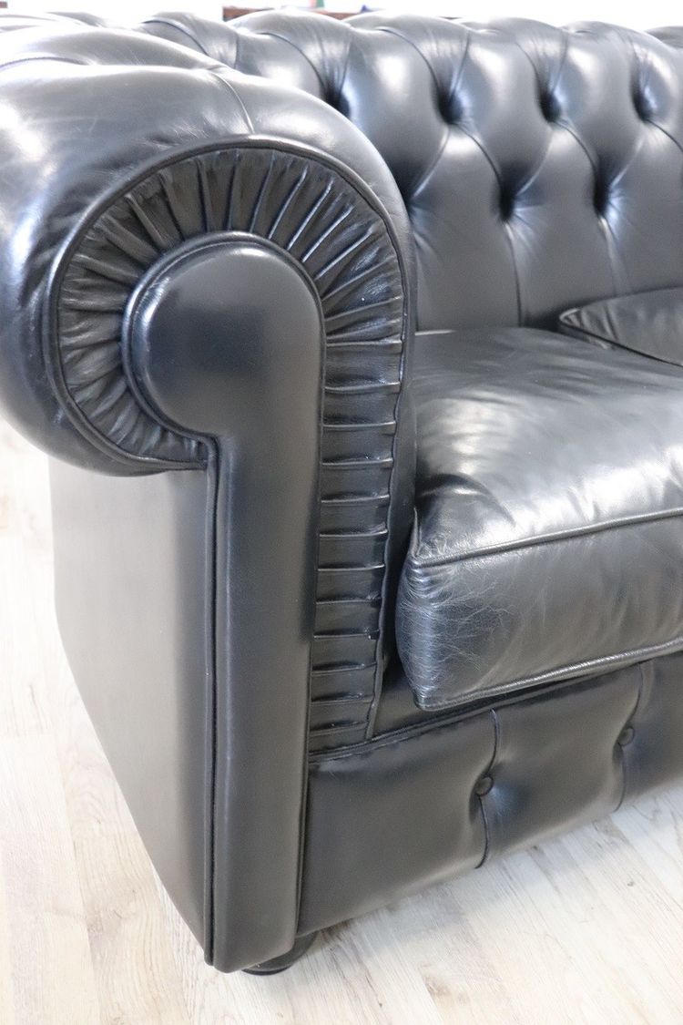 Set De Canapé Et Fauteuil En Cuir Noir, 1980s
