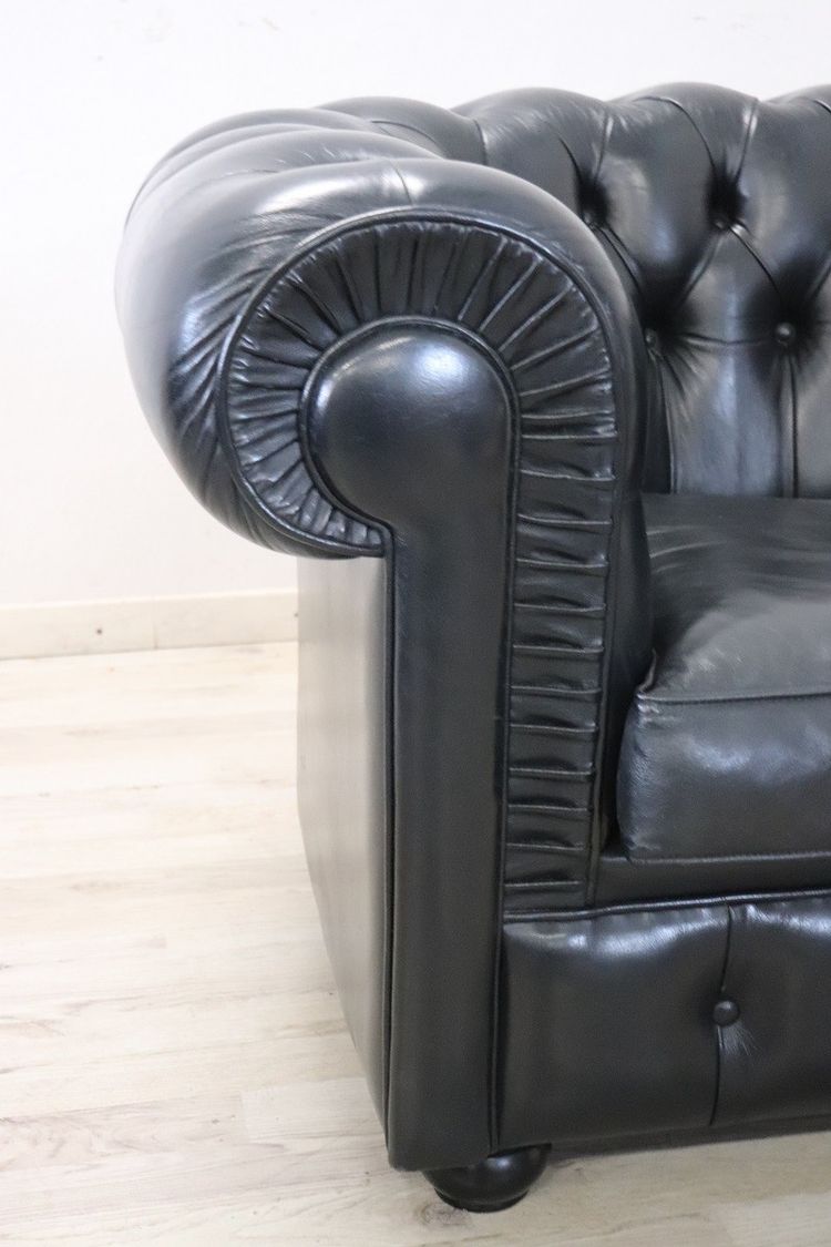 Set De Canapé Et Fauteuil En Cuir Noir, 1980s