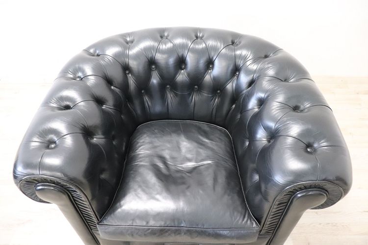 Set De Canapé Et Fauteuil En Cuir Noir, 1980s