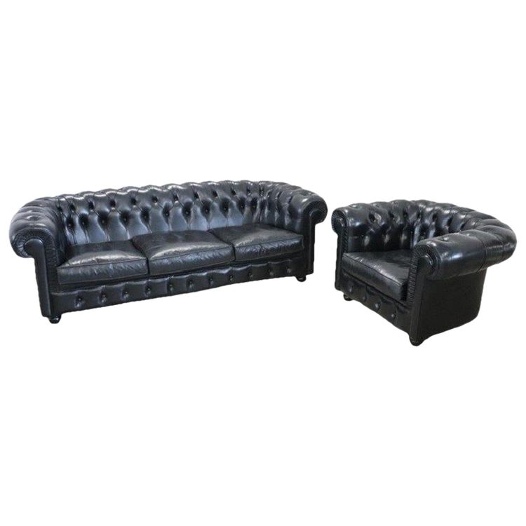 Set De Canapé Et Fauteuil En Cuir Noir, 1980s