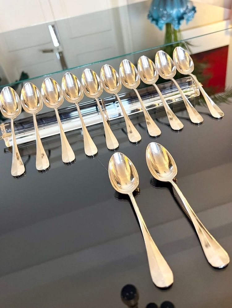 12 Alfenide White Metal Dessert Spoons - Table Cutlery