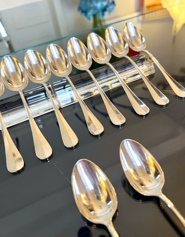 12 Alfenide White Metal Dessert Spoons - Table Cutlery