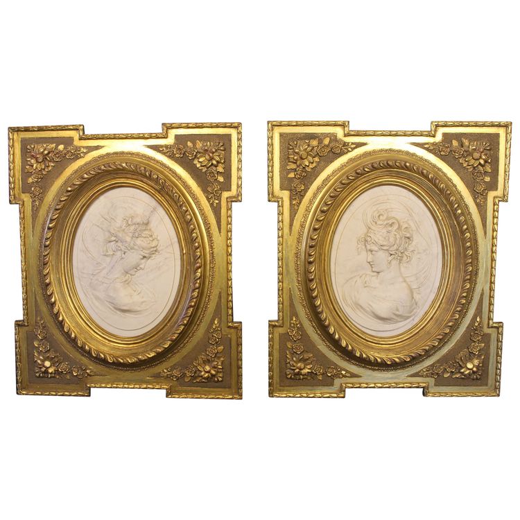 Pair of carved marble medallions with women's profiles in low relief by Louis Bottée expo 1889