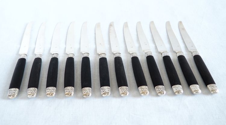Set di 12 coltelli da frutta in argento massiccio, manici in ebano, marchio Minerve