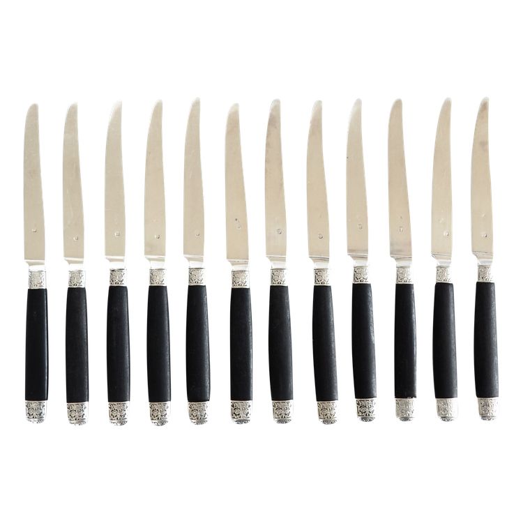 Set di 12 coltelli da frutta in argento massiccio, manici in ebano, marchio Minerve