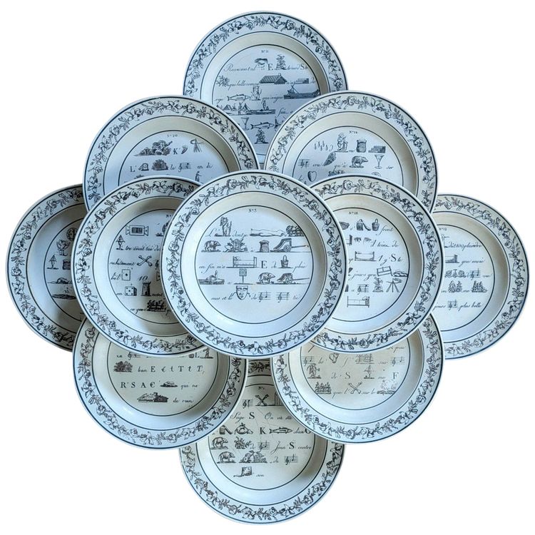 Montereau - suite of 12 plates - rebus décor circa 1820